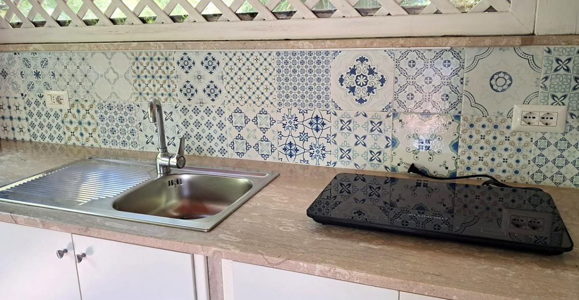 Cucina luminosa con piastrelle artistiche blu, lavello in acciaio e piano cottura moderno.