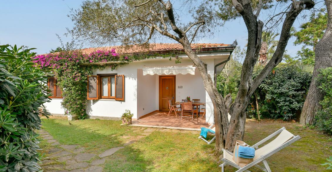 Casa bianca con edera, finestre marroni, veranda accogliente e giardino verde rilassante.