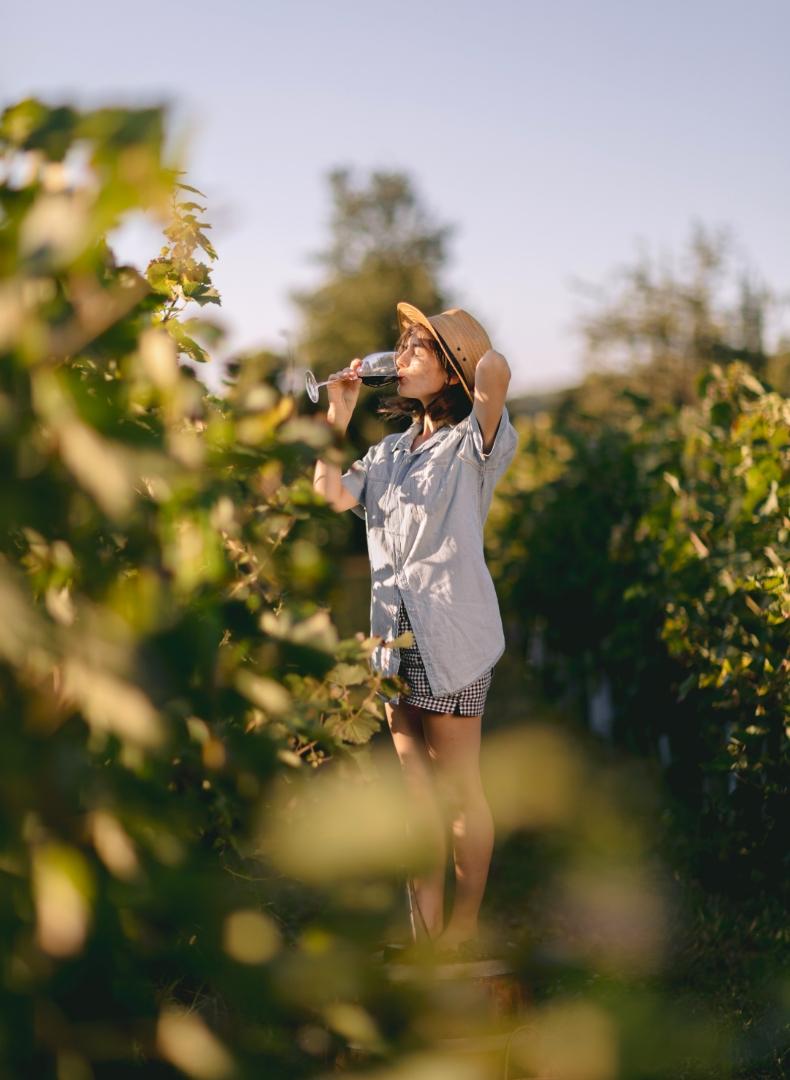 Donna in vigna, sorseggia vino al tramonto, indossa cappello, atmosfera serena e rilassata.