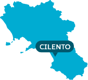 Mappa stilizzata della Campania, evidenziato il Cilento, evoca bellezza naturale e storica.